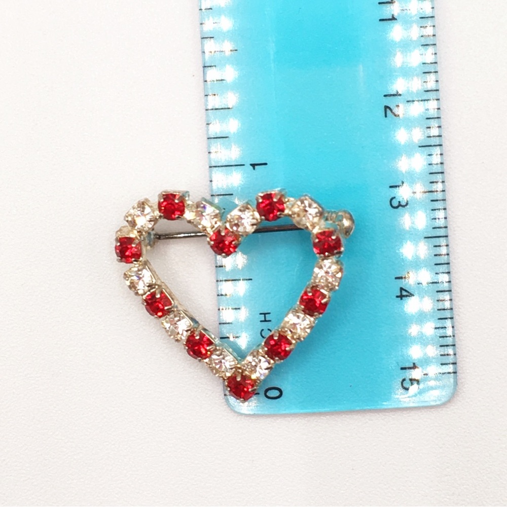 Dainty Crystal and Red Rhinestone Heart Brooch Pin - Picture 9 of 10